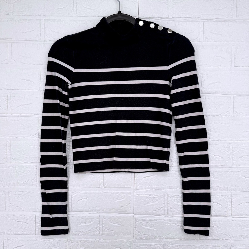 Zara Trafaluc Crop Top Womens M Blue White Striped Button Shoulder Mock Neck